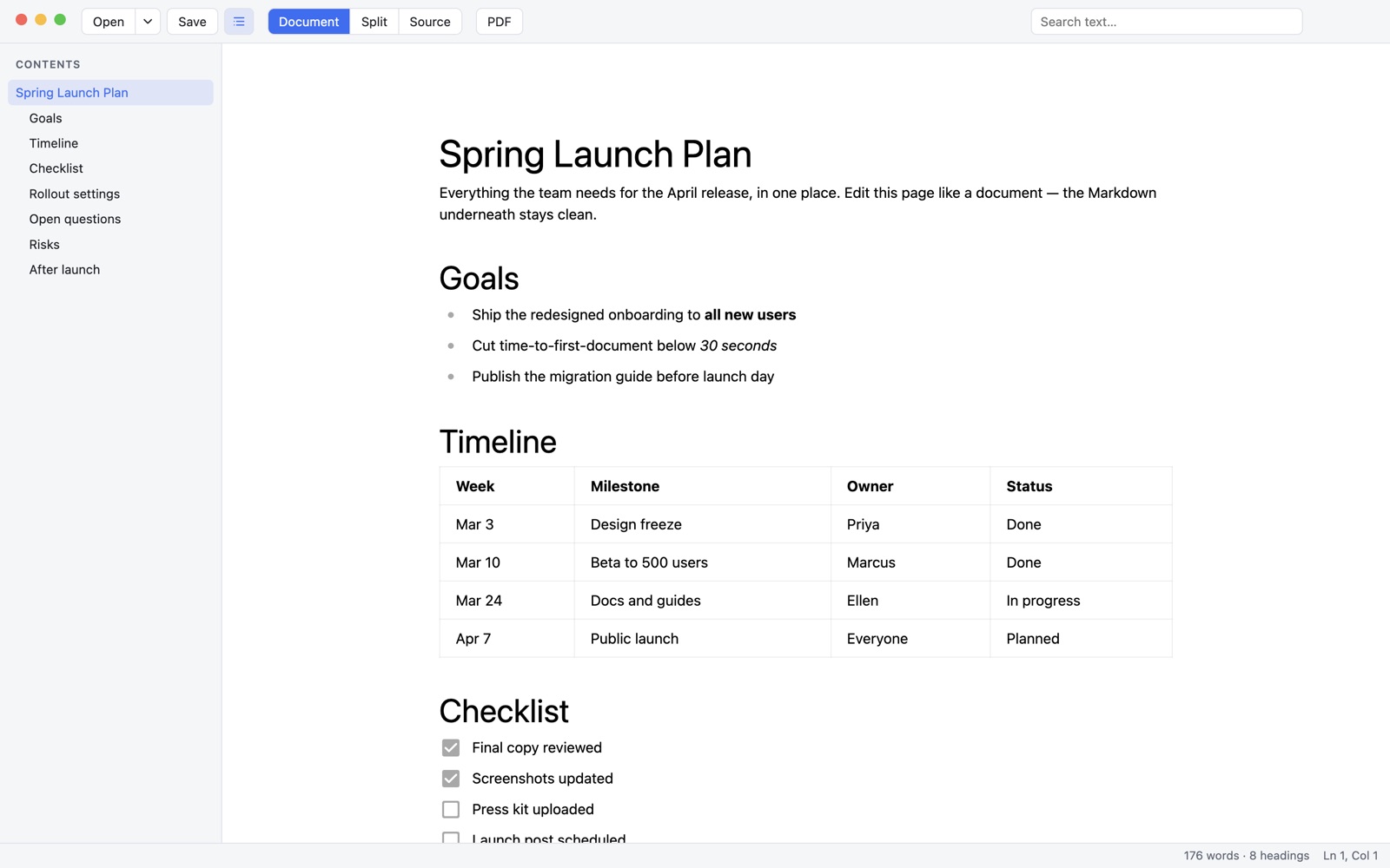 A Markdown launch plan open in Tagfern, with a table of contents beside the formatted document